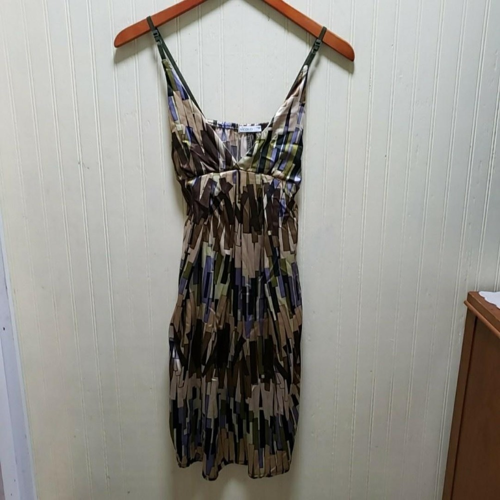 Vicolo Dress Womens Medium Multicolor Geometric Sleeveless V Neck Belted Short